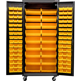 Global Industrial E-Lock Configurable Mobile Charging Cabinet 36Wx24Dx85H Black 114 Yellow Bins 