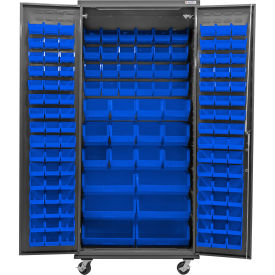 Global Industrial E-Locking Configurable Mobile Cabinet Powered 36"W x 24"D x 85"H 138 Blue Bins 