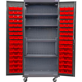 Global Industrial E-Locking Configurable Mobile Cabinet Powered 36x24x85 4 Shelves 96 Red Bins 