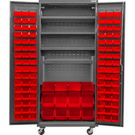 Global Industrial E-Locking Configurable Mobile Cabinet Powered 36x24x85 4 Shelves 108 Red Bins 