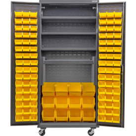 Global Industrial E-Locking Configurable Mobile Cabinet Powered 36x24x85 4 Shelves 108 YLW Bins 