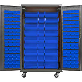 Global Industrial E-Locking Configurable Mobile Cabinet Powered 48"Wx24"Dx85"H 150 Blue Bins 