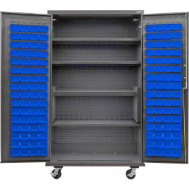 Global Industrial E-Locking Configurable Mobile Cabinet 48x24x85 120 Blue Bins 4 Shelves 