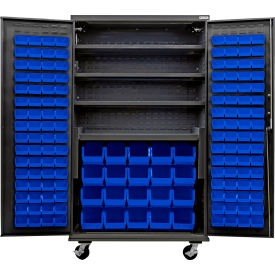 Global Industrial E-Lock Configurable Mobile Charging Cabinet 48x24x85 Black 4 Shelf144 BL Bins 