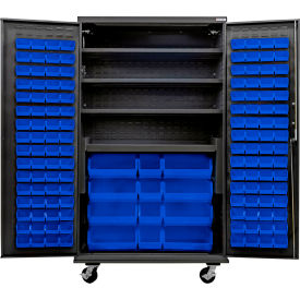 Global Industrial E-Lock Configurable Mobile Charging Cabinet 48Wx24Dx85H Black 144 Blue Bins 