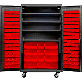 Global Industrial E-Locking Configurable Mobile Charging Cabinet 48Wx24Dx85H Black 144 Red Bins 
