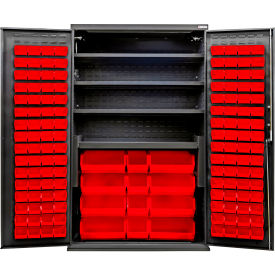 Global Industrial E-Lock Configurable Charging Cabinet 48"x24"x78" Black 4 Shelf 144 Red Bins 