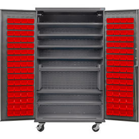 Global Industrial E-Locking Configurable Mobile Cabinet Powered 48x24x85 7 Shelves 120 Red Bins 