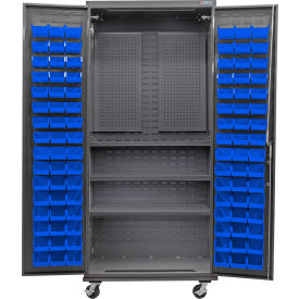 Global Industrial E-Lock Configurable Mobile Pegboard Cabinet36x24x85Gray3 Shelf96 Blu Bins 