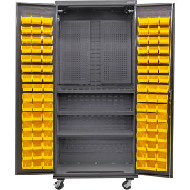 Global Industrial E-Lock Configurable Mobile Pegboard Cabinet36x24x85Gray3 Shelf96 Ylw Bins 