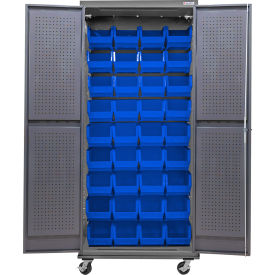 Global Industrial E-Lock Configurable Mobile Pegboard Cabinet 36Wx24Dx85H Gray 36 Blue Bins 