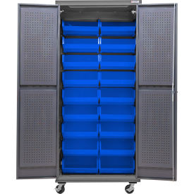 Global Industrial E-Lock Configurable Mobile Pegboard Cabinet 36Wx24Dx85H Gray 18 Blue Bins 