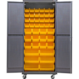 Global Industrial E-Lock Configurable Mobile Pegboard Cabinet 36x 24x 85 Gray 42 Yellow Bins 
