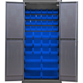 Global Industrial E-Lock Configurable Pegboard Cabinet 36"W x 24"D x 78"H Gray 42 Blue Bins 