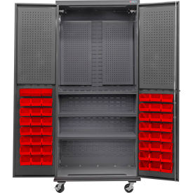 Global Industrial E-Lock Configurable Mobile Pegboard Cabinet36x24x85Gray3 Shelf48 Red Bins 
