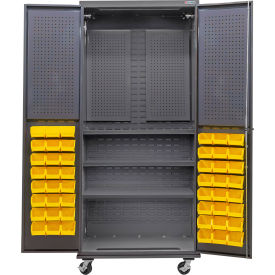 Global Industrial E-Lock Configurable Mobile Pegboard Cabinet36x24x85Gray3 Shelf48 Ylw Bins 