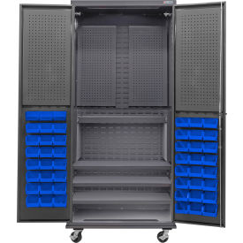 Global Industrial E-Lock Configurable Mobile Pegboard Cabinet36x24x85Gray4 Shelf48 Blu Bins 