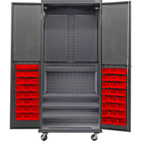 Global Industrial E-Lock Configurable Mobile Pegboard Cabinet36x24x85Gray4 Shelf48 Red Bins 