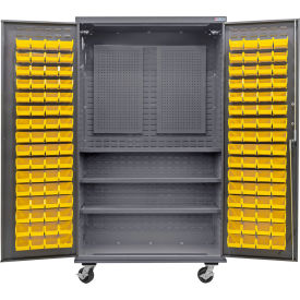 Global Industrial E-Lock Configurable Mobile Pegboard Cabinet48x24x85Gray3 Shelf120 Ylw Bins 
