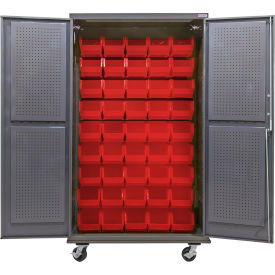 Global Industrial E-Lock Configurable Mobile Pegboard Cabinet Gray 48"Wx24"Dx85"H 48 Red Bins 