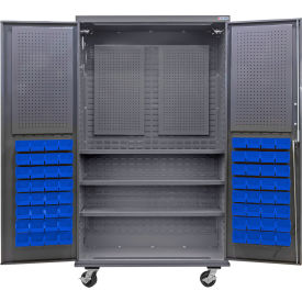 Global Industrial E-Lock Configurable Mobile Pegboard Cabinet48x24x85Gray3 Shelf72 Blu Bins 