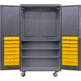 Global Industrial E-Lock Configurable Mobile Pegboard Cabinet48x24x85Gray3 Shelf72 Ylw Bins 
