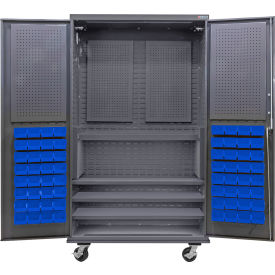 Global Industrial E-Lock Configurable Mobile Pegboard Cabinet48x24x85Gray4 Shelf72 Blu Bins 