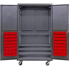 Global Industrial E-Lock Configurable Mobile Pegboard Cabinet48x24x85Gray4 Shelf72 Red Bins 