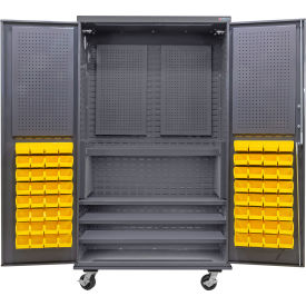 Global Industrial E-Lock Configurable Mobile Pegboard Cabinet48x24x85Gray4 Shelf72 Ylw Bins 