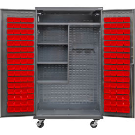 Global Industrial E-Lock Configurable Mobile Janitorial Cabinet 48x24x85 Gray 120 Red Bins 