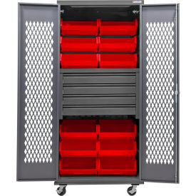 Global Industrial Configurable Ventilated Mobile Bin Cabinet36x24x85Gray4 Drawers12 Red Bins 