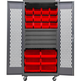 Global Industrial Configurable Ventilated Mobile Bin Cabinet36x24x85Gray4 Drawers66 Red Bins 