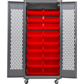Global Industrial Configurable Ventilated Mobile Bin Cabinet 36"W x 24"D x 85"H Gray 18 Red Bins 