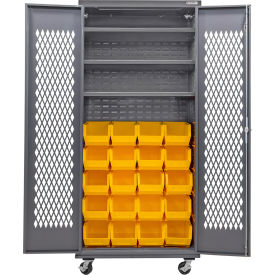 Global Industrial Configurable Ventilated Mobile Bin Cabinet36x24x85Gray3 Shelf24 Yellow Bins 