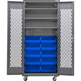 Global Industrial Configurable Ventilated Mobile Bin Cabinet36x24x85Gray3 Shelf12 Blue Bins 