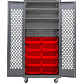 Global Industrial Configurable Ventilated Mobile Bin Cabinet36x24x85Gray3 Shelf12 Red Bins 
