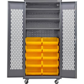 Global Industrial Configurable Ventilated Mobile Bin Cabinet36x24x85Gray3 Shelf12 Yellow Bins 