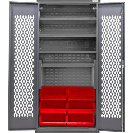 Global Industrial Configurable Ventilated Bin Cabinet 36"Wx24"Dx78"H Gray 4 Shelf 6 Red Bins 