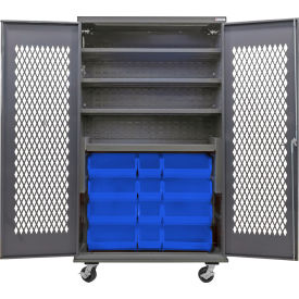 Global Industrial Configurable Ventilated Mobile Bin Cabinet48x24x85Gray4 Shelf24 Blue Bins 
