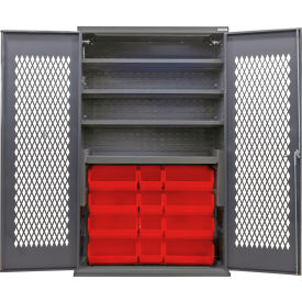 Global Industrial Configurable Ventilated Bin Cabinet 48"Wx24"Dx78"H Gray 4 Shelf 24 Red Bins 