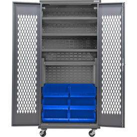 Global Industrial Configurable Ventilated Mobile Cabinet Powered 36"Wx24"Dx85"H 6 Blue Bins 