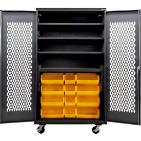 Global Industrial Configurable Ventilated Mobile Charging Cabinet 48Wx24Dx85H Black 24 YLW Bins 