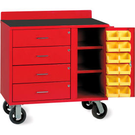 Mobile Utility Bin Cabinet w/4 Drawers & 12 Bins, 14 Ga., 41"Wx22"Dx36"H, Red view 2
