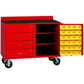 Mobile Utility Bin Cabinet w/4 Drawers & 24 Bins, 14 Ga., 51"Wx22"Dx36"H, Red view 2