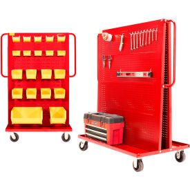 Valley Craft Modular A-Frame Bin Cart w/ 1 Louvered & 1 Round-Peg Pegboard 46"W x 30"D x 62"H Red
