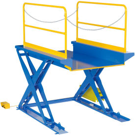 Vestil Manufacturing EHLTG-5284-3-54 Ground Lift Powered Scissor Table with Handrails 52" x 84" - 3000 Lb. Capacity image.
