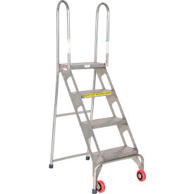 Vestil 4 Step Folding Rolling Ladder Perforated 350 lb. Capacity Stainless Steel 