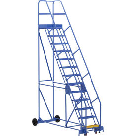 Vestil Manufacturing LAD-13-21-G Vestil™ Rolling Warehouse Ladder, Steel, 13 Steps, 21"D Step, 166" Handrail, 350 lb. Cap., Blue image.