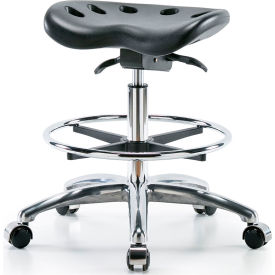 Global Industrial B2280966 Interion® Polyurethane Tractor Stool With Foot Ring and Seat Tilt - Black w/ Chrome Base image.