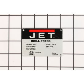 JET Equipment 10916904 JET® Name Plate (Jdp17Mf) , 10916904 image.